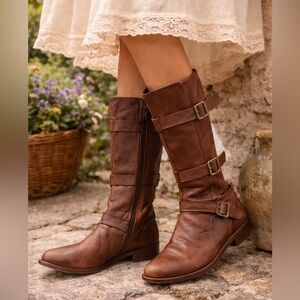 Vintage Brown Leather Buckle Boots Mid Calf Moto Boho Riding 7